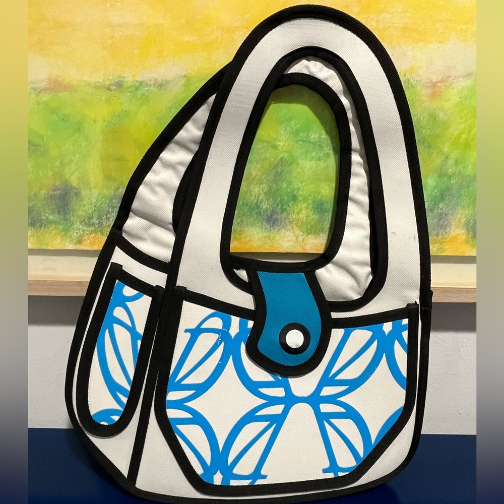 Cartoon Flat 2D Floral Bag Purse Handbag Black Blue White Ruyihuang Pockets